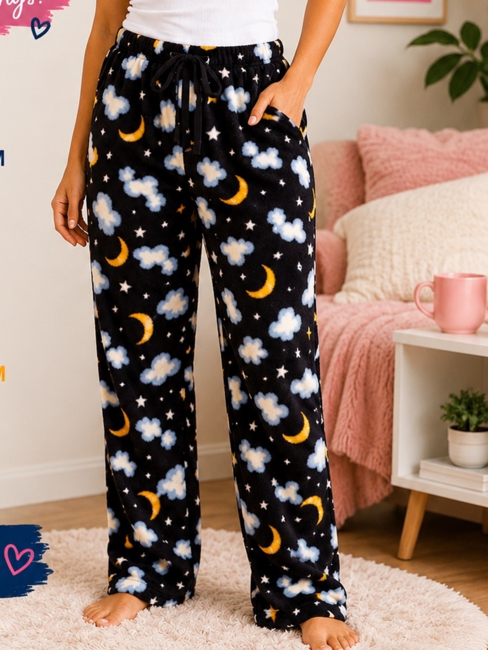 NORTH 15 Cozy Night Sky Fleece Pajama Pants - Black with Yellow Moon LARGE